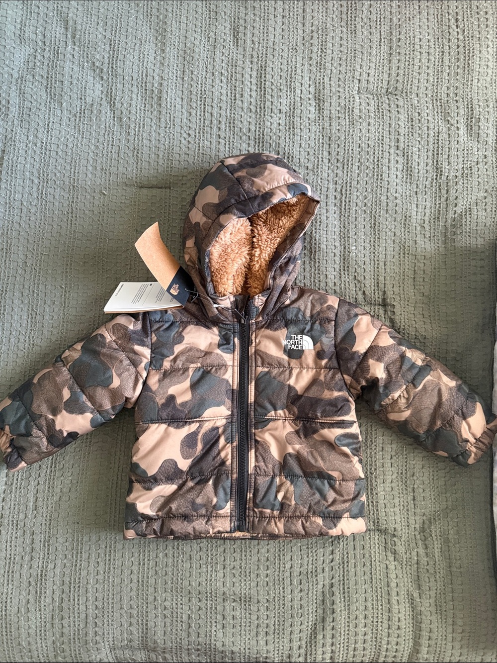 The North Face Kids Brown & Green Camo Puffer Jacket with Sherpa Hood